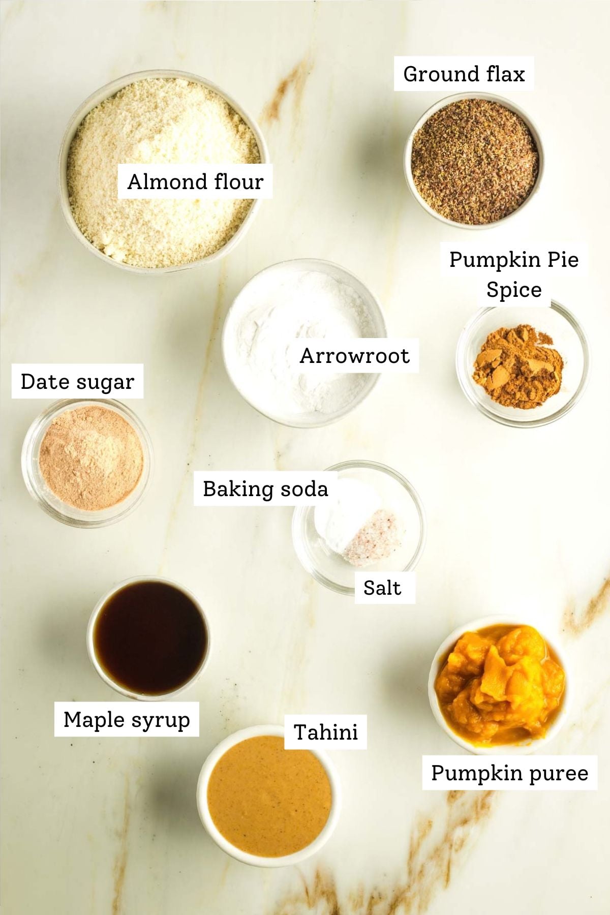 Labeled ingredients for vegan pumpkin cookies. 