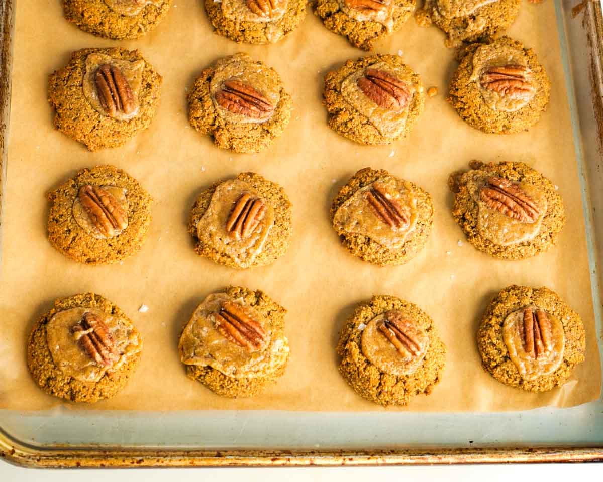 Pumpkin cookies filled with salted caramel and pecans. 